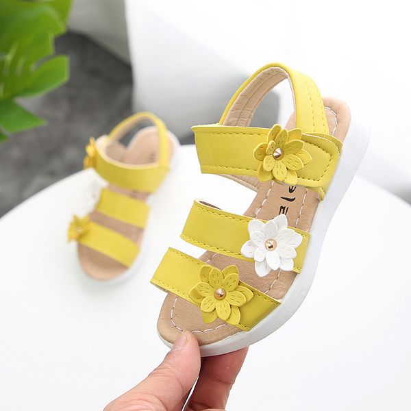 2019new estilo verão menina sandália praia crianças sandália flores princesa sandal moda crianças sapatos branco amarelo rosa