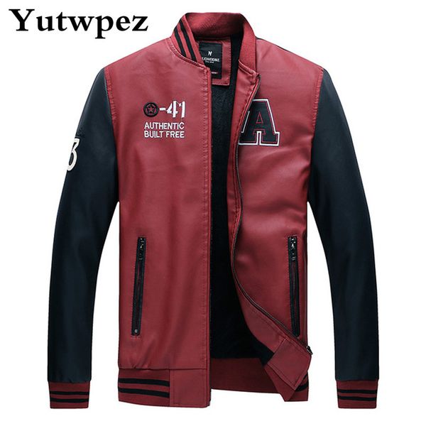 

casual jacket men embroidery baseball jackets pu leather coats slim fit college fleece pilot leather jackets casaco masculino, Black;brown
