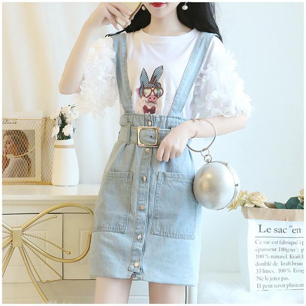 

2019 summer women harajuku skirts set cartoon pig white t-shirt+single-breasted pocket belt jean strap mini skirt cute 2 pcs set