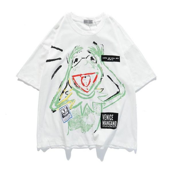 

t-shirt 2020 lazy wind harajuku frog personality graffiti printing loose mid-length short sleeve fashion hip hop half sleeve new style, White;black
