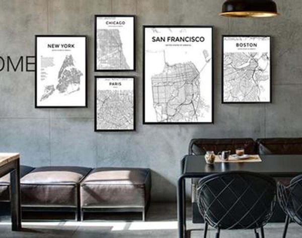 

black white world city map poster nordic living room milan new york hongkong wall art pictures home decor canvas painting