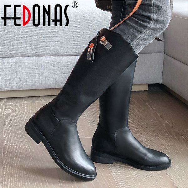 

fedonas winter female warm plus size riding boots comfortable genuine leather women knee high boots low heels night club shoes, Black