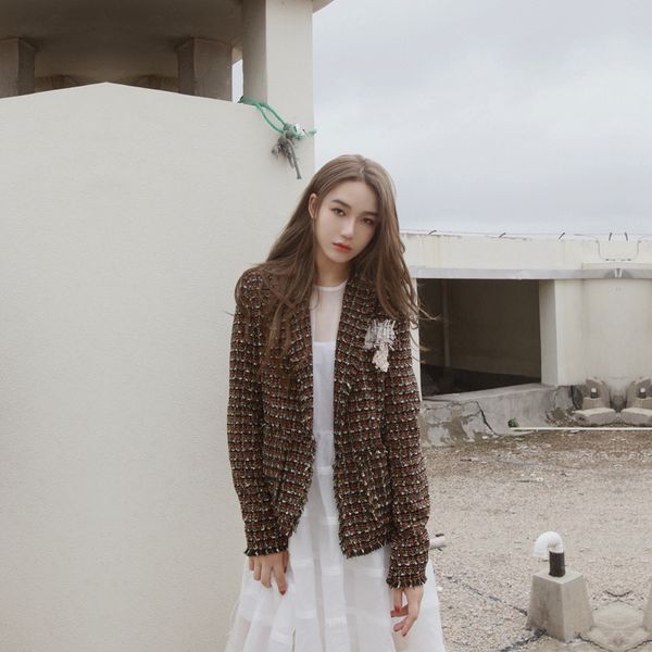 

menkay]vintage plaid woolen coat autumn new female collar loose coats winter coat women elegant lady casual clothes, Black