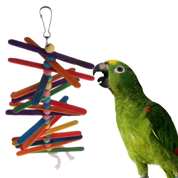 

parrot toy colorful wooden popsicle beads bird swing rainbow hanging cage funny