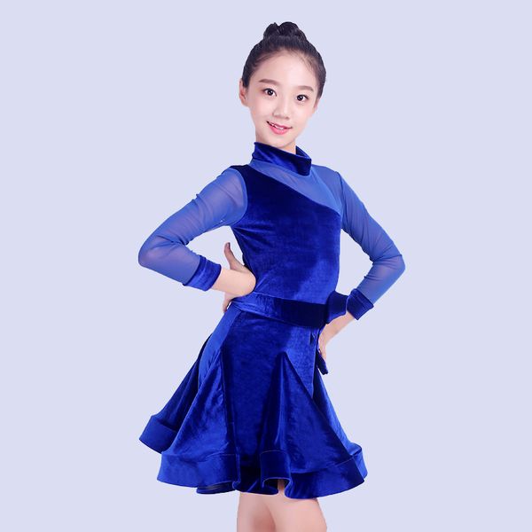 

kids latin dance costume long sleeve blue/red latin practice clothing competition dresses rumba/tango outfit dql1323, Black;red