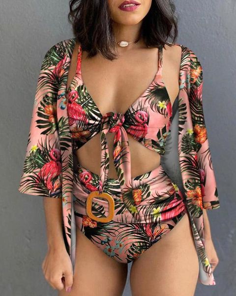 

tropical print knotted bikini with cover up, White