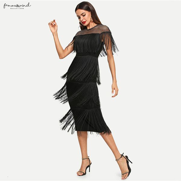 

black highstreet party going v-neck out elegant sheer yoke layered dress detail fringe autumn modern lady women dresses, Black;gray