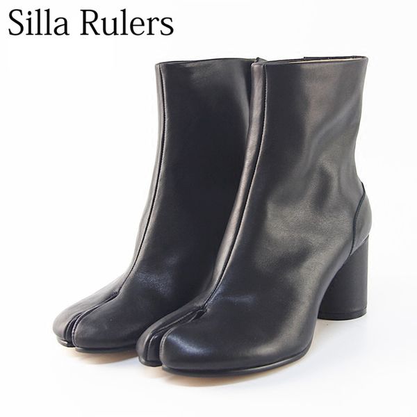 

silla rulers genuine leather split toe women's ankle boots chunky high heel women boots mujer short motorcycle zapatos, Black