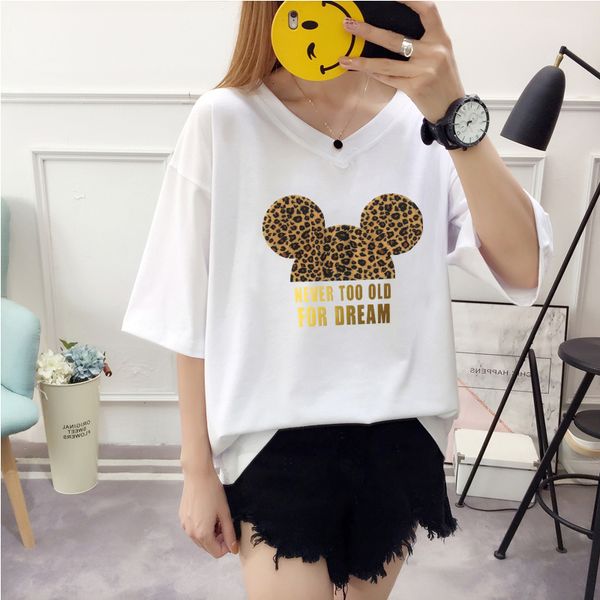 

women tshirt womens 2019 summer new womens t shirt cute cartoon leopard print tee shirt loose casual female harajuku kawaii clothes, White