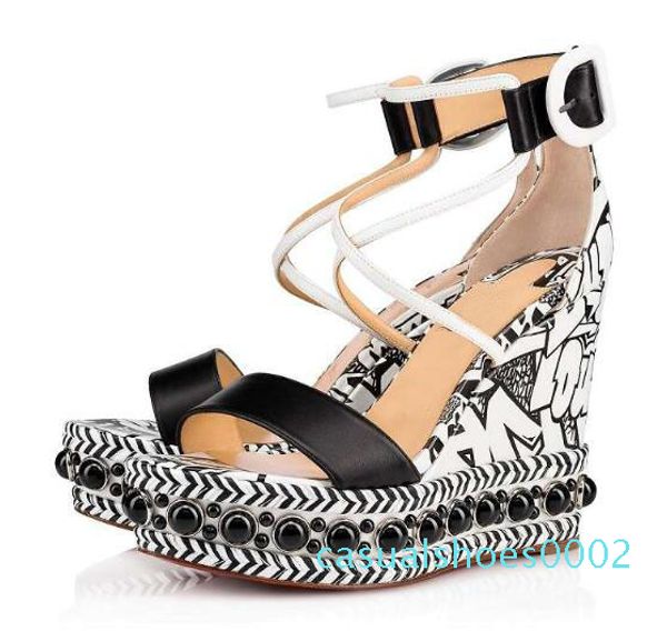 

lady red bottom shoes for wedge pearls studs women ankle strap gladiator sandals party wedding dress c02, Black