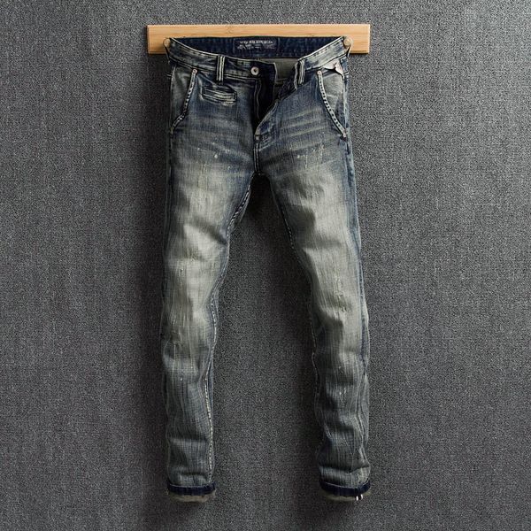 

fashion classical men jeans vintage designer slim fit paint pants retro wash italian style jeans men streetwear hip hop, Blue