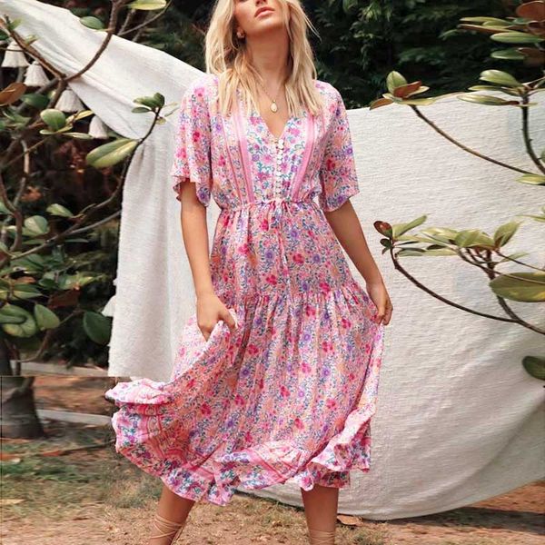 

boho inspired pink multi floral print long boho dress women v-neck buttons midi dress female 2020 new summer vestidos, Black;gray