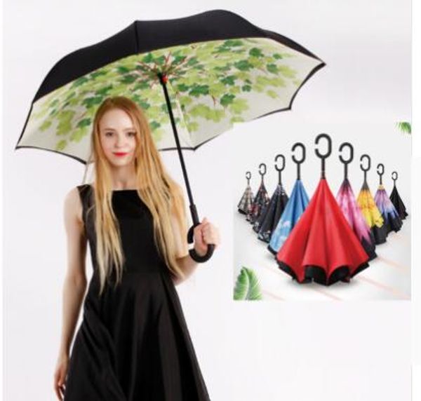 

Rever e umbrella double layer inverted windproof rain car umbrella c handle for car double layer hand inverted umbrella kka6434