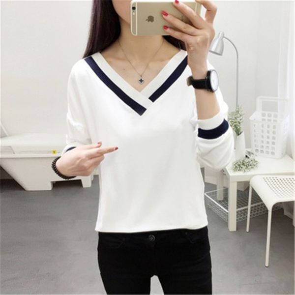 

women's dress spring and autumn loose and plus-sized big v-neck base shirt student versatile t-shirt women's long-sleeve, White