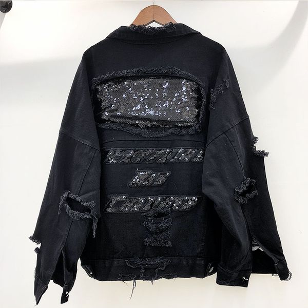 

autumn winter 2019 new harajuku punk style girls hole bling bling sequins bf denim jacket women loose outerwear ing, Black;brown