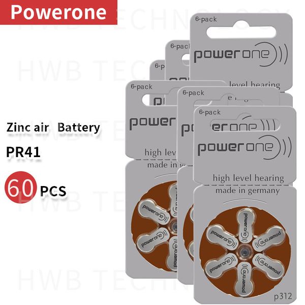 

Дисковые батареи 10Pack (60PCS) PowerOne 60 Zinc воздуха Размер 312 P312 PR41 для слухового аппарата