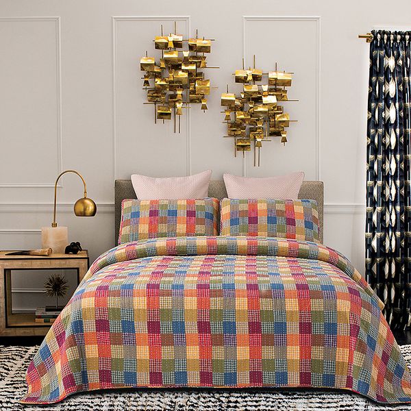 

patchwork bedspread set multi colorful red blue plaid 100% cotton quilted vibrant bedspread pillow shams 3 pieces