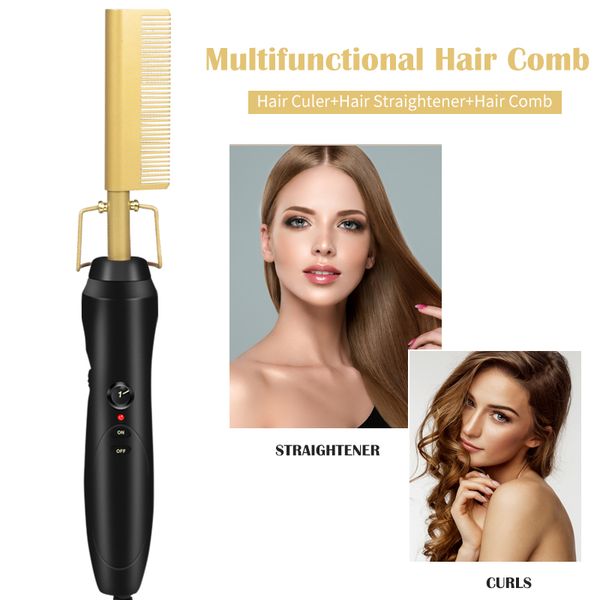 

2 in 1 comb hair straightener brush hair curlers styler curling electric comb curler straightening smoothing brush flat iron, Black