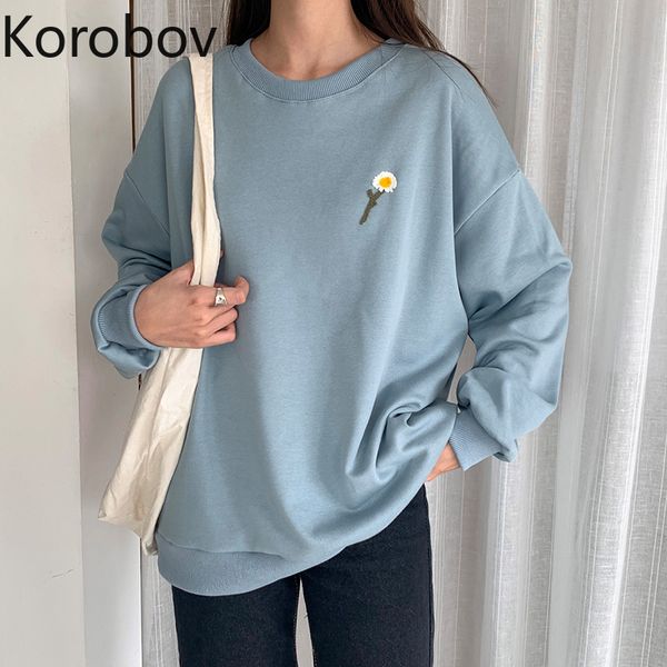 

korobov 2020 new chic o neck long sleeve women hoodies korean streetwear flower embroidery female sweatshirts casual outwear top, Black