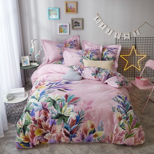 Pastel Colorful Flowers Tropical Leaf Flamingo Bedding Set Queen