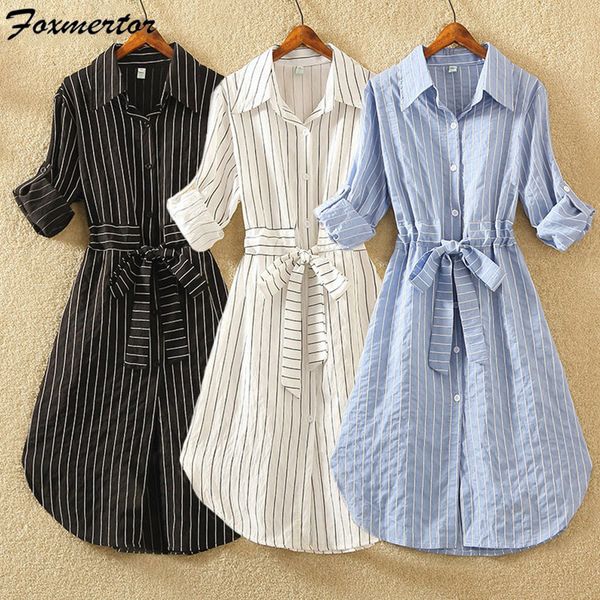 

foxmertor fashion women's dress long sleeve vestido elegante spring new loose large white blue dress stripe lapel slim buttons, Black;gray