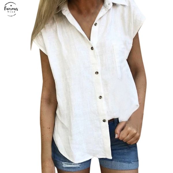 

cap sleeve 2019 womens blouse fashion casual solid short sleeve button cotton blouses o neck ladies blouses cotton linen shirt, White
