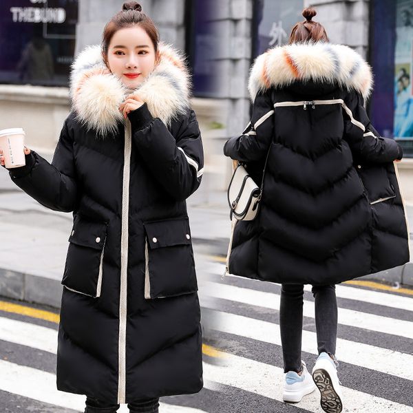 

fashion large fur collar cotton jackets women's long parkas 2019 winter coats new thick warm women suit cotton clothes v1060, Black