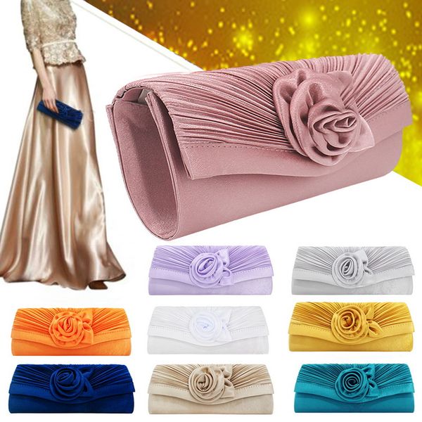 

2019 women's clutch bag shoulder strap handbag satin flower decoration clutch bag solid color evening party fashion bags