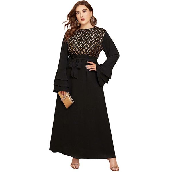 

casual dresses siskakia rhombic sequin long dress chiffon plus size o neck flare sleeve maxi black apricot ramadan clothing 2021, Black;gray