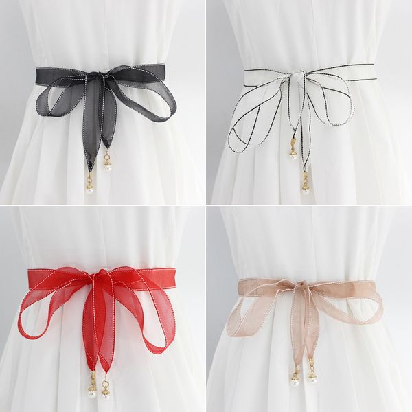 

fashion pearl pendant ladies waist rope with skirt decoration thin belt knotted waist temperament belt, Black;brown