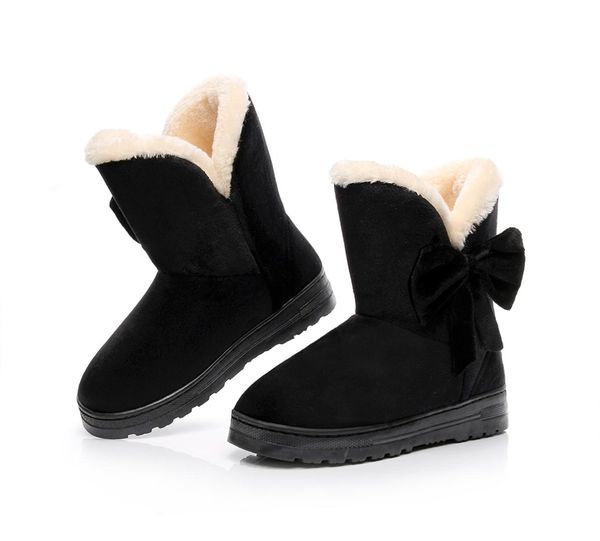 

quality women snow boots winter fur ankle boots female bowtie warm plush suede rubber flat slip on fashion platform ladies shoes, Black