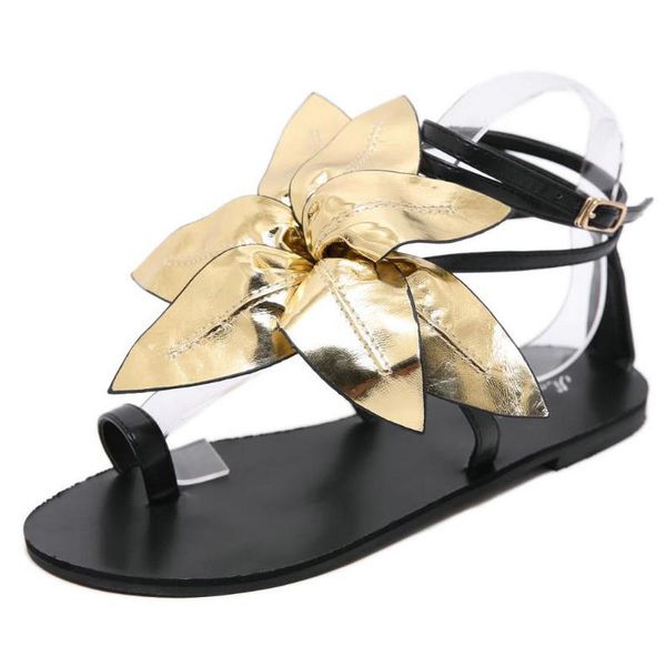 

2020 summer handmade large flowers flat slip-on roman sandals gold strap gladiator sandals women open toe beach shoes casual fli, Black