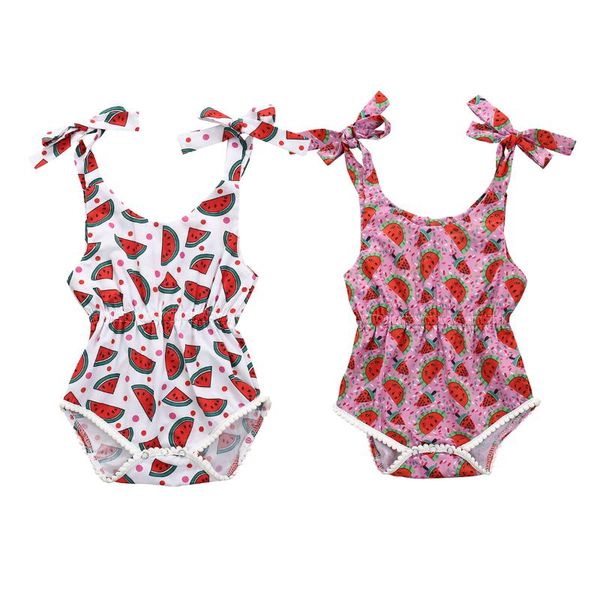 

2020 summer fashion toddler infant kids baby girl bodysuits one-pieces sleeveless bandage watermelon print sweet costume, Blue
