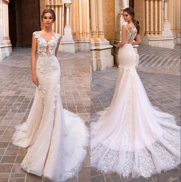 

robe de mariée великолепная русалка кружева свадебное платье sheer v шеи cap рукава bohemian аппликация плюс размер vestidos de nnovia сваде, White