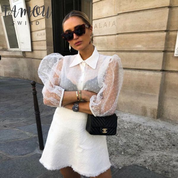 

women mesh sheer blouse see through long sleeve shirt blouse fashion pearl button transparent white shirt female blusas