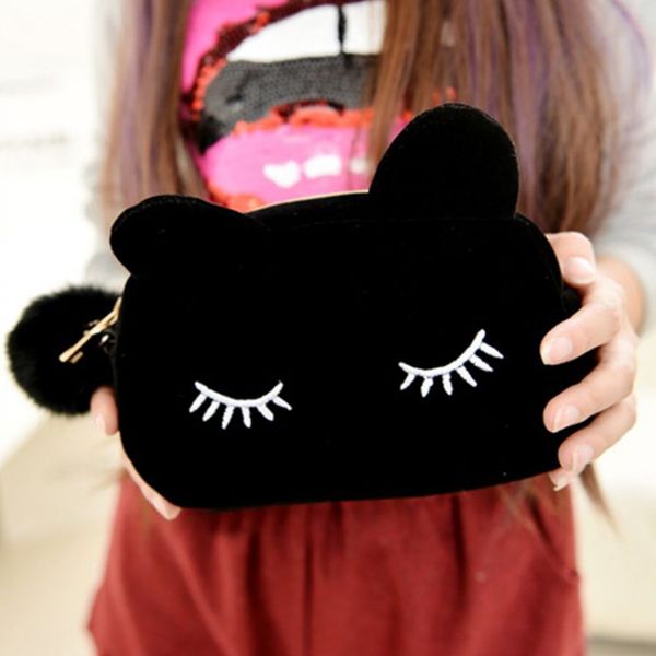 

женщины косметичка мультфильм кошка большой емкости макияж чехол женский фланель сумка леди сумка бархат сплошной цвет составляют сумки
