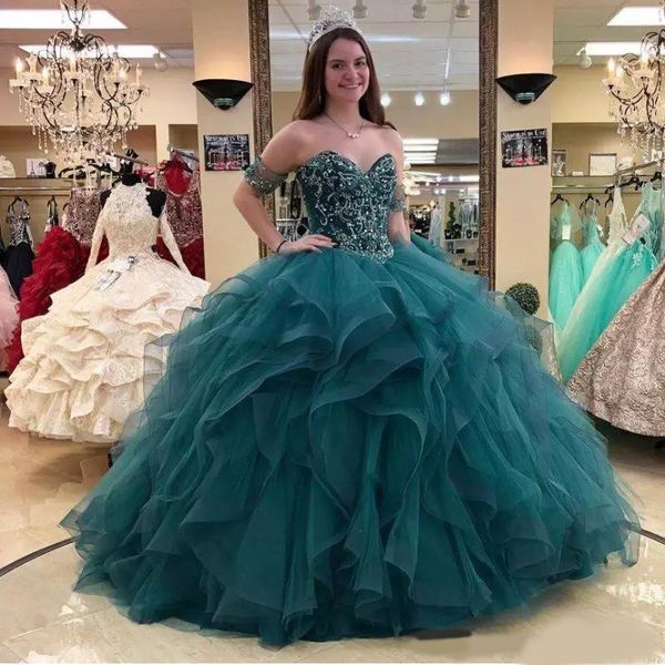 

2020 hunter green detachable sleeves ball gown quinceanera prom dresses sweetheart ruffles tulle beads sweet 15 dress vastidos de dress, Blue;red