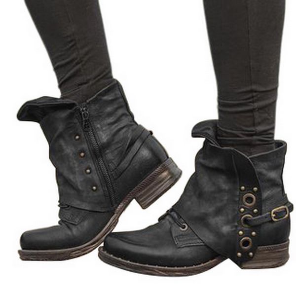 

litthing woman 2019 ankle boots buckle lock zipper low heel casual shoe casual booties female boots for autumn plus size, Black