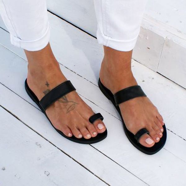 

dropshipping women slippers spring summer beach casual shoes ladies solid flat heel slippers beach slide roman leather flip flop, Black