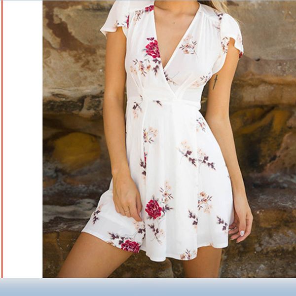 

womens dress short sleeve forlar printed chiffon lace up deep v-neck casual beach dress summer fashion for womens 2019 hot, Black;gray
