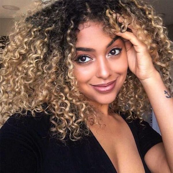 

hair 13x6 blonde lace front wig pre plucked with baby hair ombre curly human wigs brazilian remy ship free, Black;brown