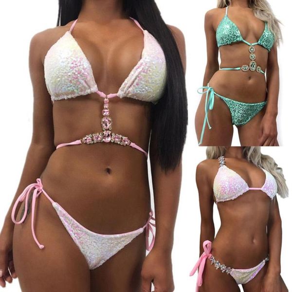 

bikinis set sequins rhinestone bra briefs bikini women summer swimwear bathing suit