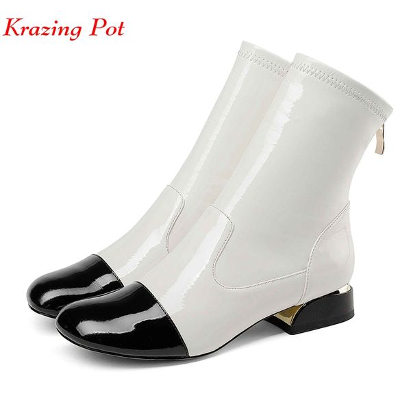 

2018 superstar genuine leather brand winter shoes women front zipper round toe mixed color runway keep warm mid-calf boots l31, Black