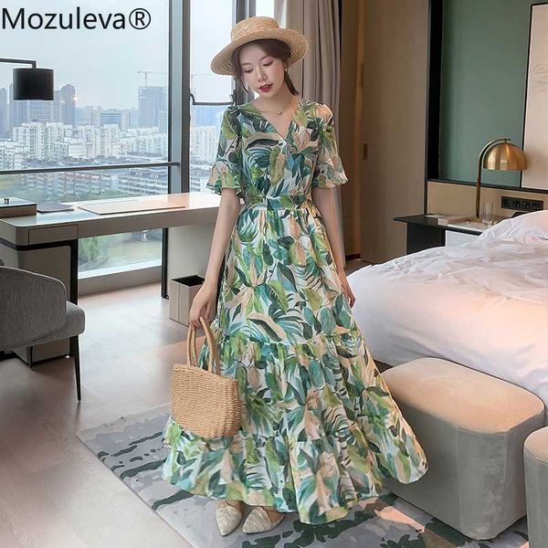 

mozuleva women chiffon dress 2020 summer female short sleeve v-neck printed casual long dress elegant a-line boho vestidos, Black;gray