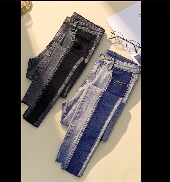 

harajuku color panel jeans women's 2020 spring autumn new plus size high-waist jeans fashion slim-fit pencil pants 4xl, Blue