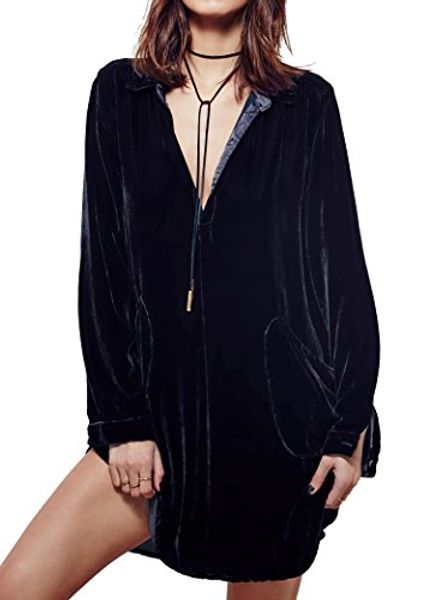 

r.vivimos women velvet long sleeve pocket casual mini shirt dress, Black;gray