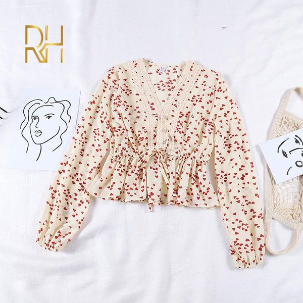 

new heart print sweet chic chiffon blouses women elegant slim drawstring v-neck shirt spring summer long sleeve pullover rh, White