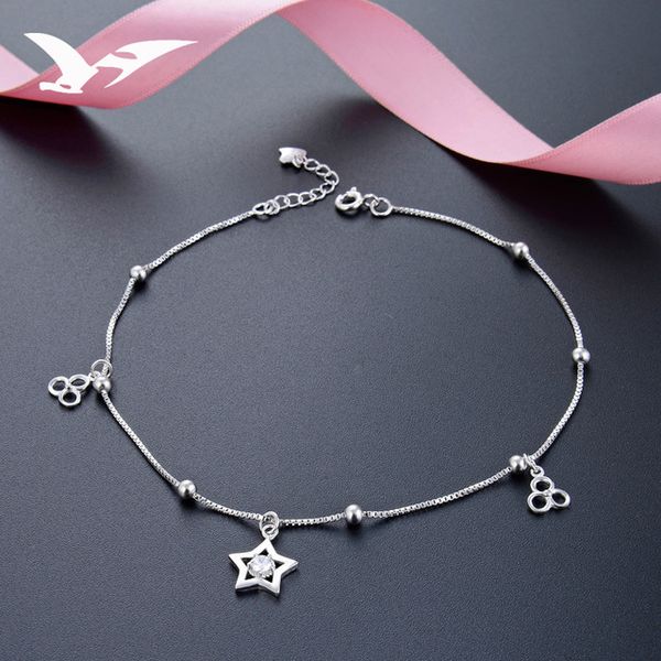 

s925 sterling silver anklet women's european and american simple five-pointed star hollow anklet small fresh jewelry, Red;blue