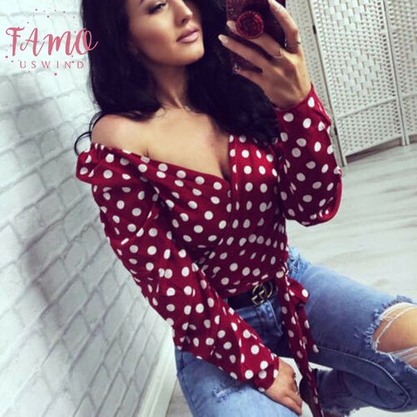 

polka dot blouse women office lady long sleeve shirt white red fashion loose elegant button up womens blouse