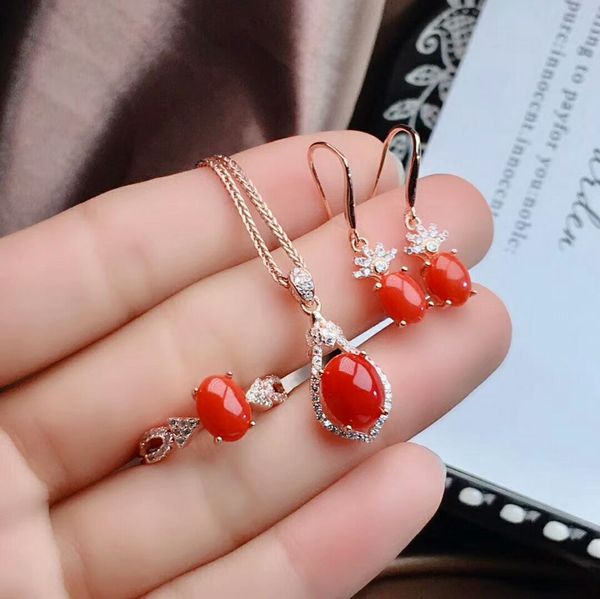 

meibapj natural red coral gemstone 925 silver earrings ring pendant necklace 3-piece suits fine wedding jewelry sets for women, Black